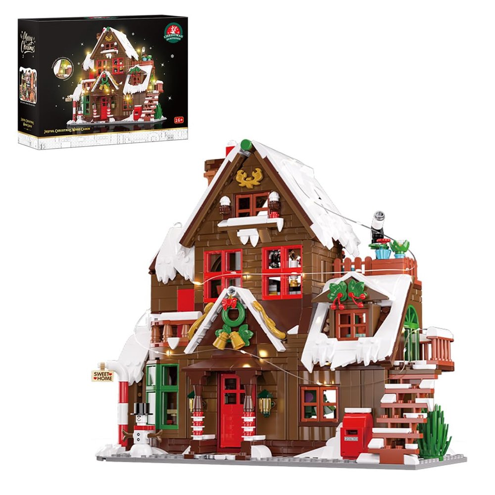 Architecture Winter Wooden Snow Cabin Building Block Set with Red Windows, Wreaths, Bells, White Snow House Street Scene Bricks Set with Lights, Christmas Decor & Gift for Adults(600+Piece)