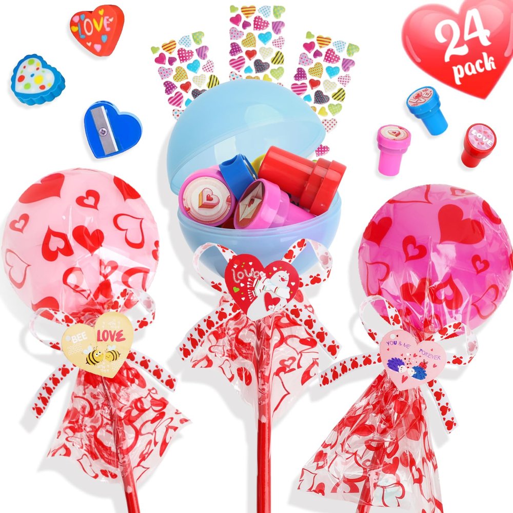 24 Pcs Giant Lollipop-Shaped Valentine's Day Stationery Gift Set Includes Cards, Pencils, Stickers, Erasers, Stampers & Sharpeners - Perfect for Classroom Exchange & Party Favors