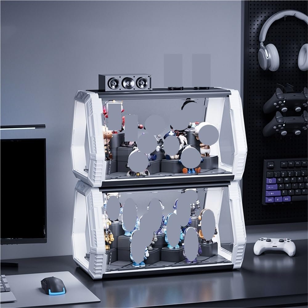 2-Pack LED Light Doorables Display, Cool Figure Display Case with Tiered Steps, Clear Display Case, Suitable for Blind Box Figures(Black)