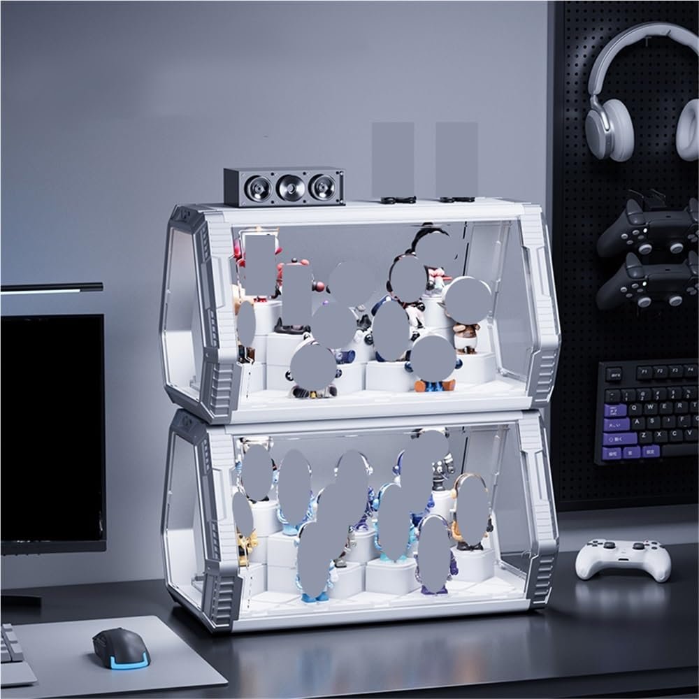 2-Pack LED Light Doorables Display, Cool Figure Display Case with Tiered Steps, Clear Display Case, Suitable for Blind Box Figures(Silver)
