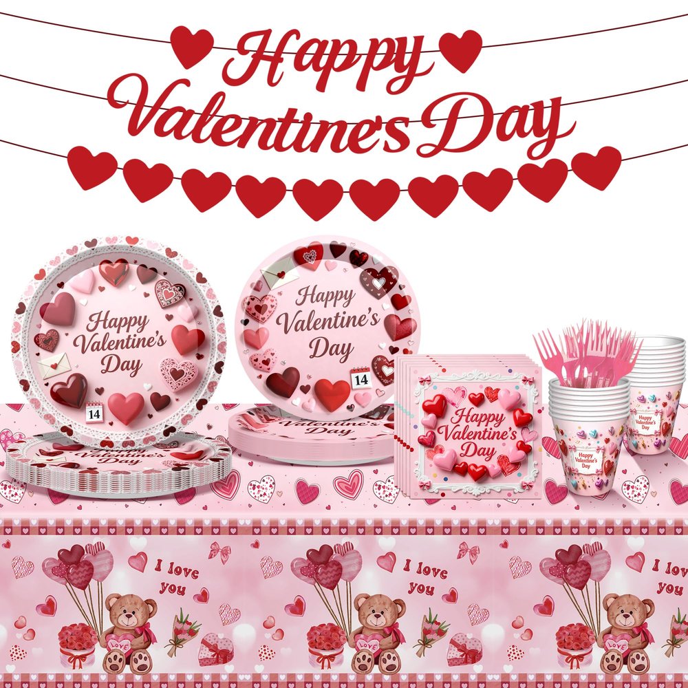 122 PCS Valentines Day Party Supplies, Disposable Tableware Set Include Valentines Plates and Napkins, Cups, Forks, Banner and Tablecloth for Valentine's Day Party Decorations, Serve 24
