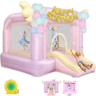 Bounce House,Inflatable Bounce House for Kids with UL Blower,Dreamy Pink 3 in 1 Indoor/Outdoor Bouncy Castle,Jumping Castle with Slide&Wings for Backyard/Wedding/Birthday Party