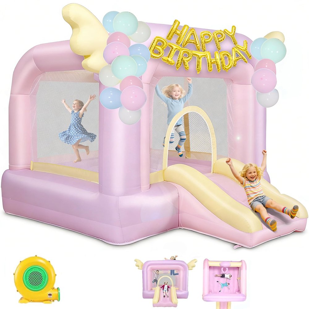 Bounce House,Inflatable Bounce House for Kids with UL Blower,Dreamy Pink 3 in 1 Indoor/Outdoor Bouncy Castle,Jumping Castle with Slide&Wings for Backyard/Wedding/Birthday Party