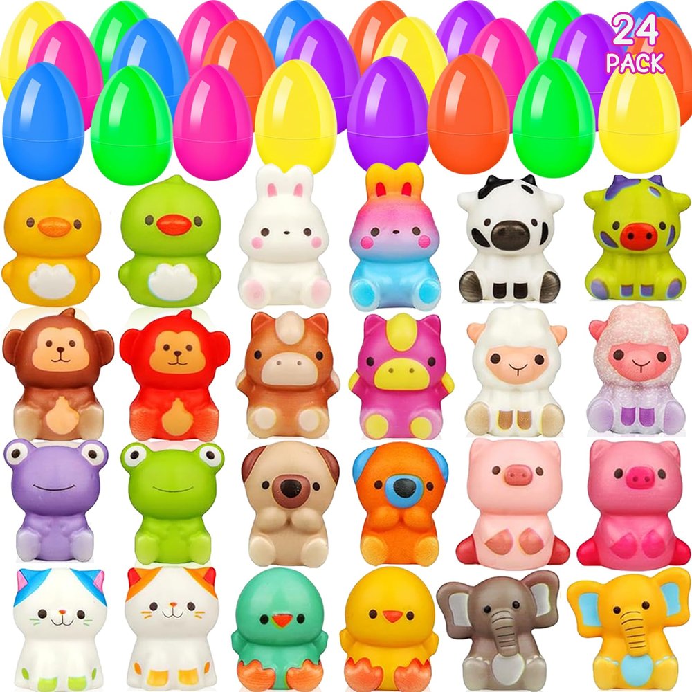 24 Pack Filled Easter Eggs for Kids Prefilled Egg Fillers Squishy Toys Stuffed Easter Eggs Easters Gifts Basket Stuffers for Kids Girls Toddlers Boys Non Candy Easters Egg Hunt Party Favors Animals