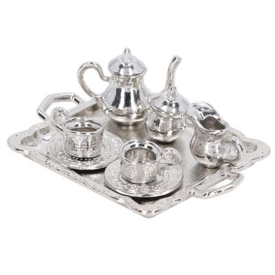 Mini Tea Set Metal 1/12 Scaled Simulation Lifelike Miniature Tea Cup Tray Kit for Dollhouse Durable Metal Material Complete Kit with Teapot Cups Plates