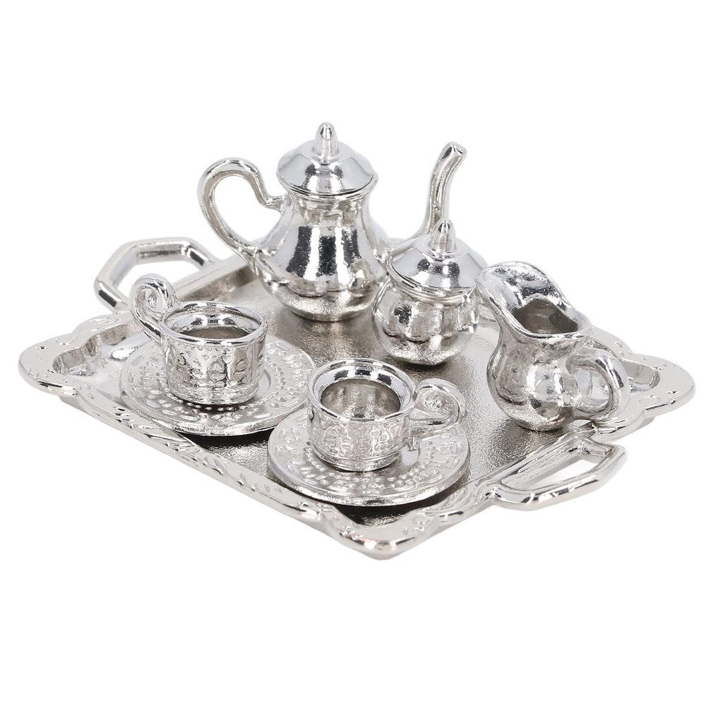 Mini Tea Set Metal 1/12 Scaled Simulation Lifelike Miniature Tea Cup Tray Kit for Dollhouse Durable Metal Material Complete Kit with Teapot Cups Plates