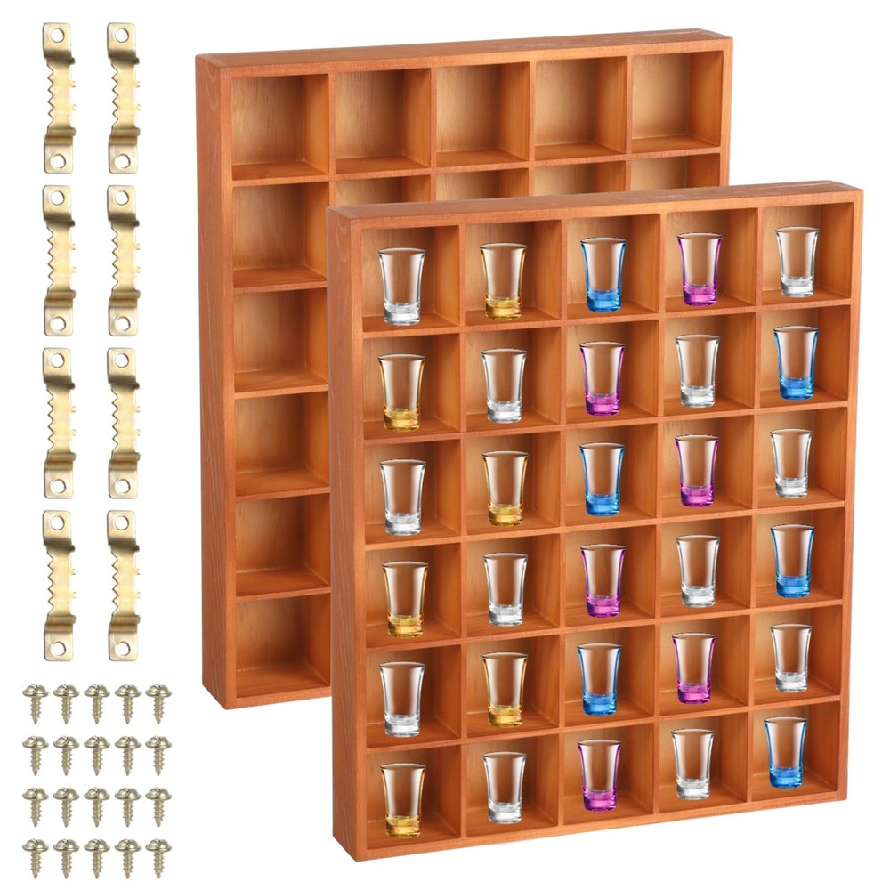 2 Pcs 30-Slot Wooden Shot Glass Display Cases, Wall-Mount or Freestanding Rustic Organizer Shelves