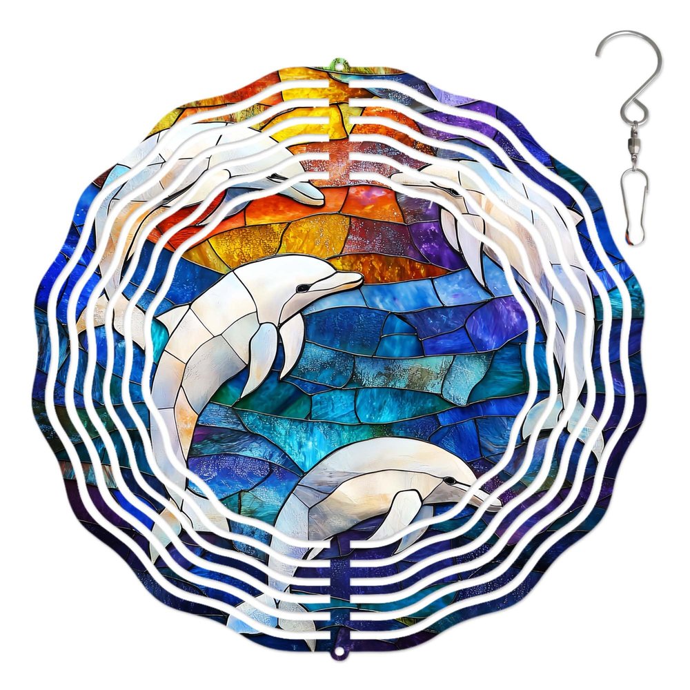 10-Inch Metal Wind Spinner Four Dolphins 3D Marine Life Wind Spinner, Unique Metal Hanging Kinetic Wind Sculpture Ornament Gifts for Women Yard Art Garden Patio Lawn Indoor Outdoor Decor