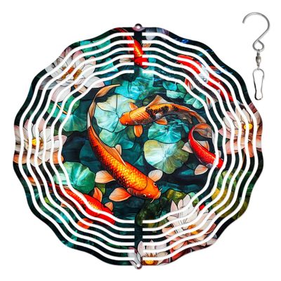 10-Inch Metal Wind Spinner Koi Fish Among Lotus 3D Fish Wind Spinner, Unique Metal Hanging Kinetic Wind Sculpture Ornament Yard Art Garden Patio Lawn Indoor Outdoor Decor