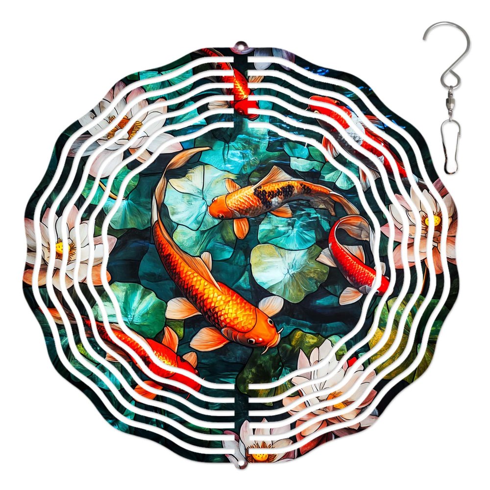 10-Inch Metal Wind Spinner Koi Fish Among Lotus 3D Fish Wind Spinner, Unique Metal Hanging Kinetic Wind Sculpture Ornament Yard Art Garden Patio Lawn Indoor Outdoor Decor