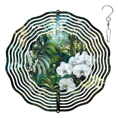10-Inch Metal Wind Spinner Butterflies on White Orchids in Jungle 3D Wind Spinner, Unique Metal Hanging Kinetic Wind Sculpture Ornament Yard Art Garden Patio Lawn Indoor Outdoor Decor