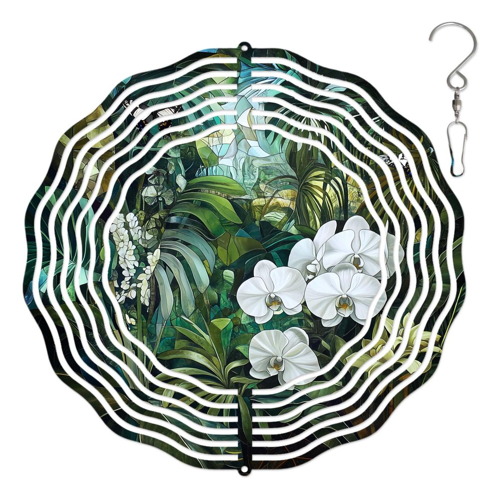 10-Inch Metal Wind Spinner Butterflies on White Orchids in Jungle 3D Wind Spinner, Unique Metal Hanging Kinetic Wind Sculpture Ornament Yard Art Garden Patio Lawn Indoor Outdoor Decor