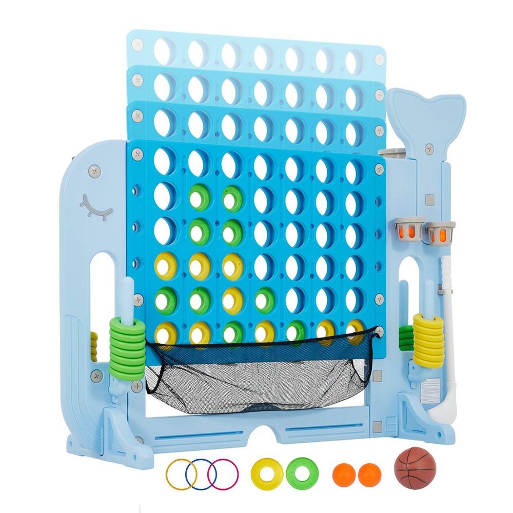 Giant 4 in a Row Connect Game, 4-Level Adjustable Height 4-to-Score Giant Game with Quick-Release Slider, 4-in-1 Game with 42 Jumbo Rings, Golf, Basketball & Ring Toss, for Holiday Party & Family Game