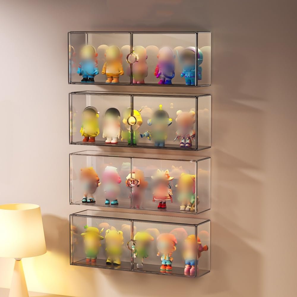4-Pack Wall Mounted Display Case, Dual-Purpose Clear Display Case with Front Doors, Plastic Blind Box Display for Box Figure, Anime Figure, Small Decor