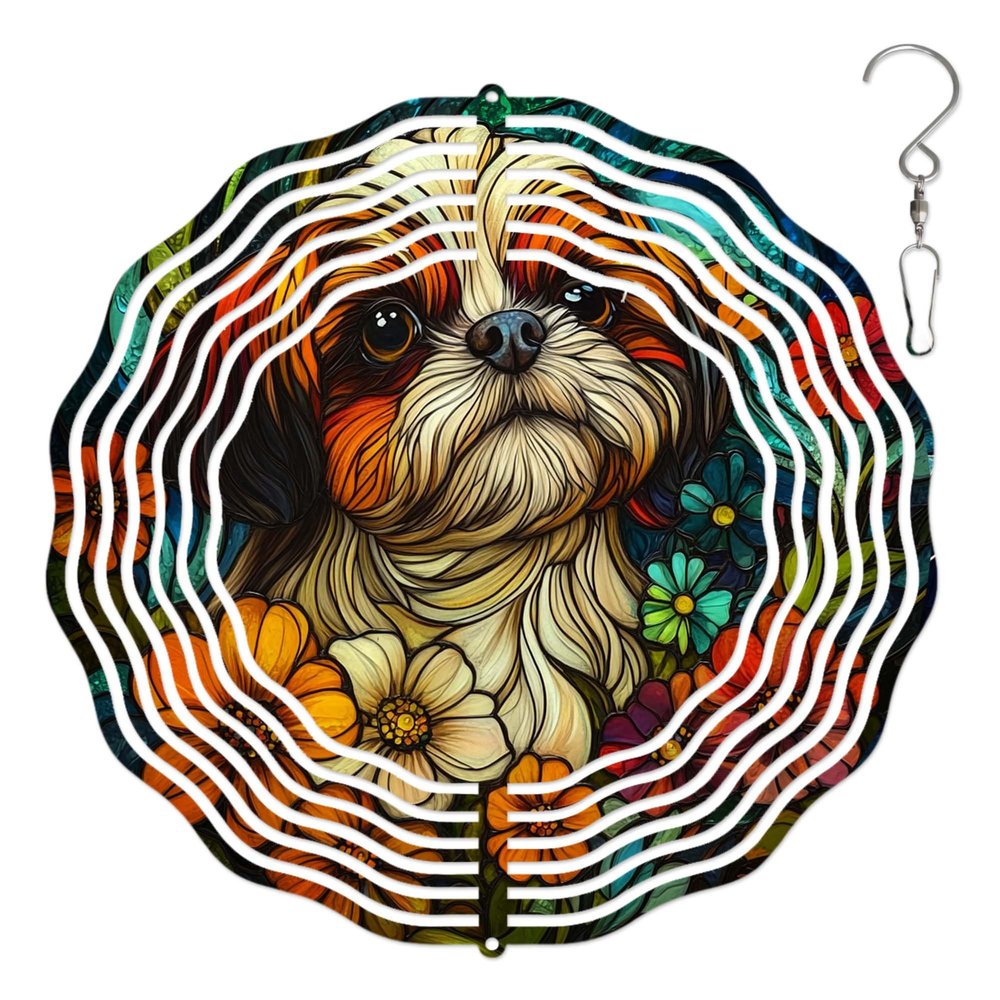 10-Inch Metal Wind Spinner Shih Tzu Gazes Softly 3D Dog Wind Spinner, Unique Metal Hanging Kinetic Wind Sculpture Ornament Gifts for Women Yard Art Garden Patio Lawn Indoor Outdoor Decor