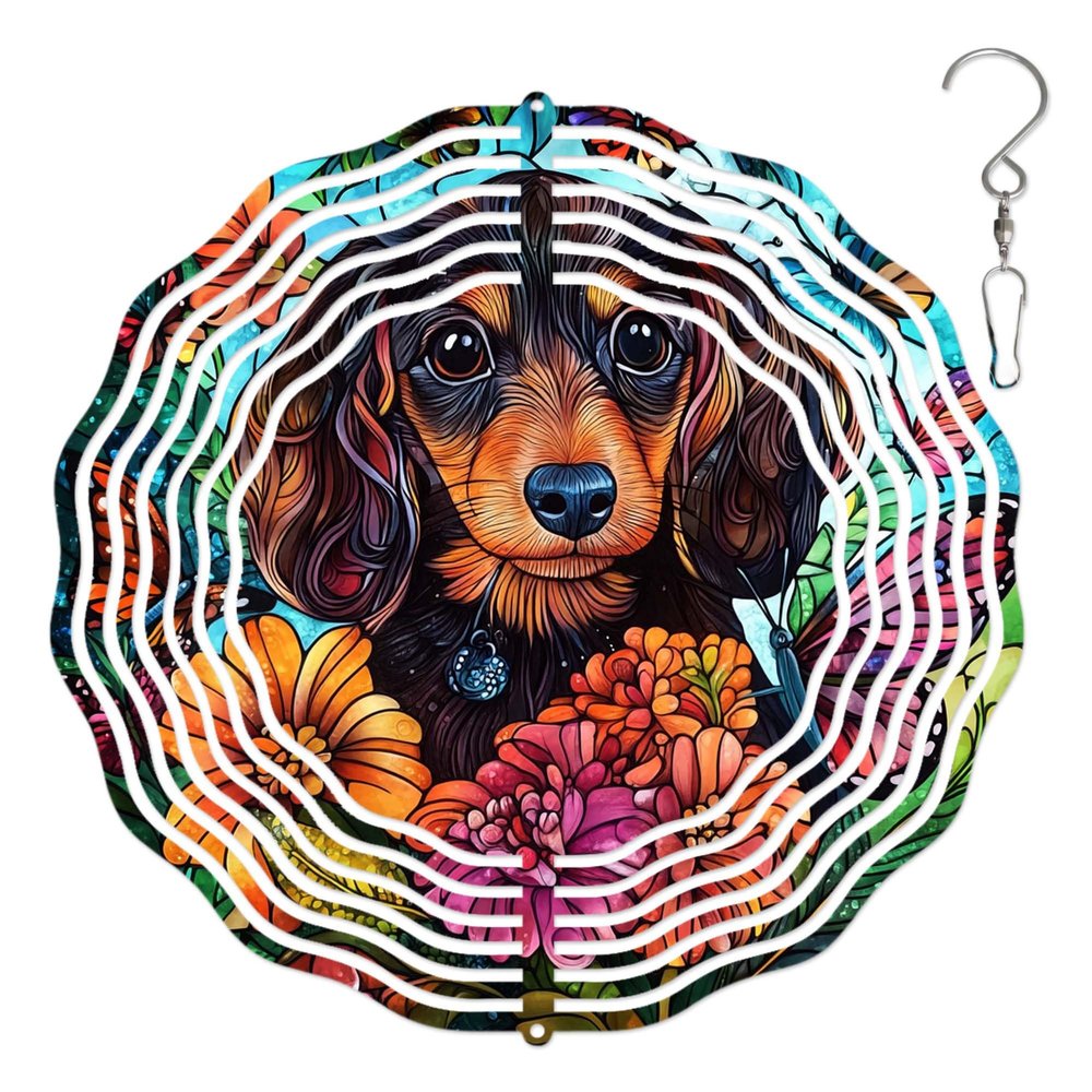 10-Inch Metal Wind Spinner Dachshund with Butterflies 3D Dog Wind Spinner, Unique Metal Hanging Kinetic Wind Sculpture Ornament Gifts for Women Yard Art Garden Patio Lawn Indoor Outdoor Decor