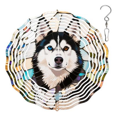 10-Inch Metal Wind Spinner Heterochromatic Eyes Husky 3D Dog Wind Spinner, Unique Metal Hanging Kinetic Wind Sculpture Ornament Gifts for Women Yard Art Garden Patio Lawn Indoor Outdoor Decor