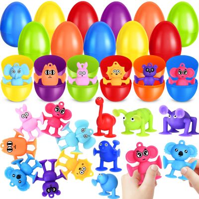 24 Pack Prefilled Easter Eggs with Animals Suction Cup Toys, Easter Basket Stuffers Fillers Window Bath Toys Easter Hunt Party Favors, Surprise Egg Gifts for Kids Toddler