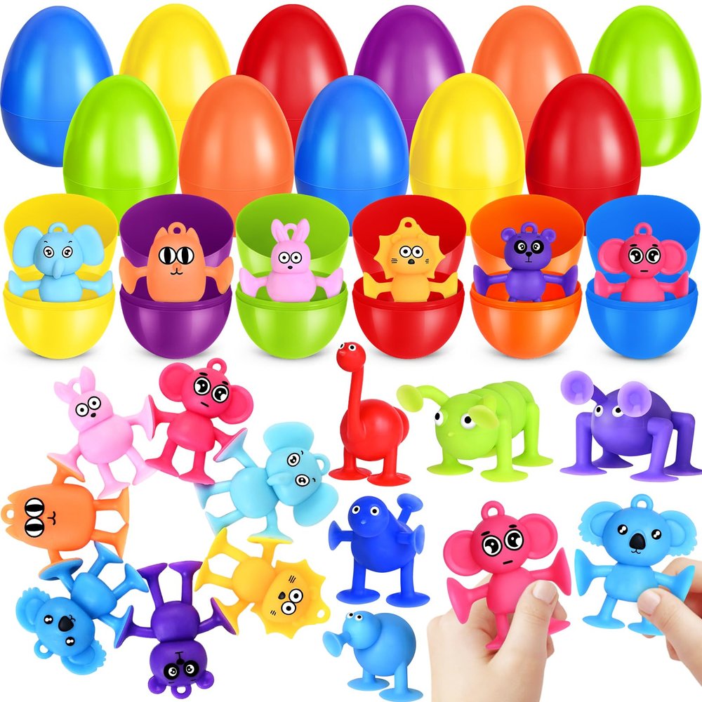 24 Pack Prefilled Easter Eggs with Animals Suction Cup Toys, Easter Basket Stuffers Fillers Window Bath Toys Easter Hunt Party Favors, Surprise Egg Gifts for Kids Toddler