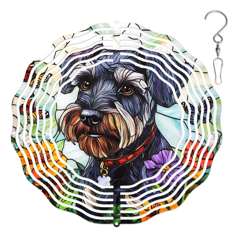 10-Inch Metal Wind Spinner Schnauzer Sits amid Flowers 3D Dog Wind Spinner, Unique Metal Hanging Kinetic Wind Sculpture Ornament Gifts for Women Yard Art Garden Patio Lawn Indoor Outdoor Decor