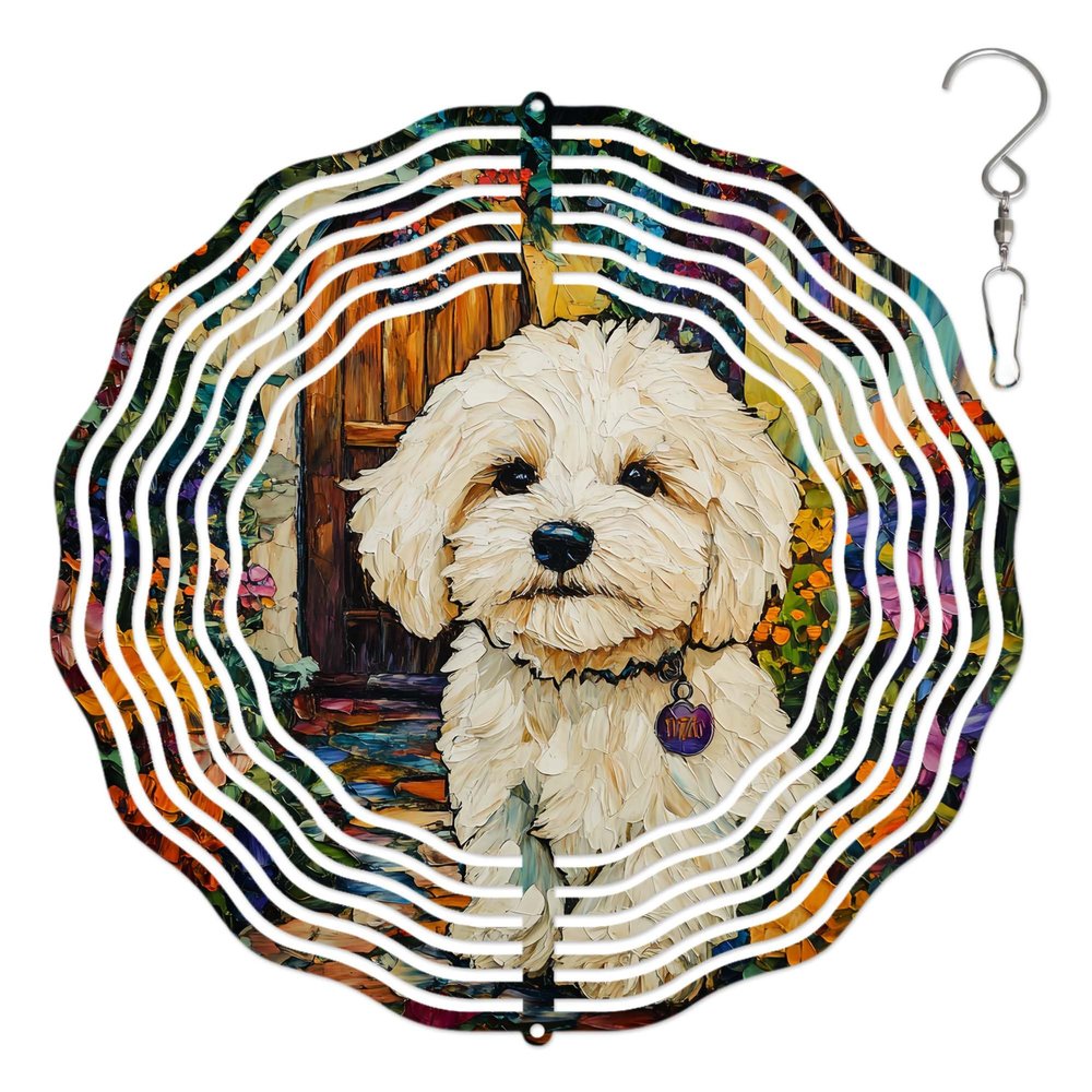 10-Inch Metal Wind Spinner Bichon Frise in Garden 3D Dog Wind Spinner, Unique Metal Hanging Kinetic Wind Sculpture Ornament Gifts for Women Yard Art Garden Patio Lawn Indoor Outdoor Decor