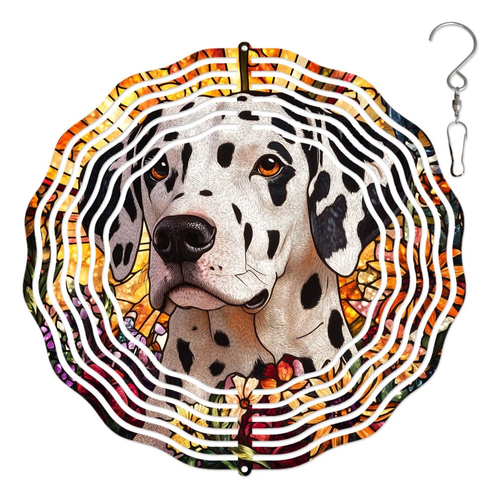 10-Inch Metal Wind Spinner Dalmatian and Flowers 3D Dog Wind Spinner, Unique Metal Hanging Kinetic Wind Sculpture Ornament Gifts for Women Yard Art Garden Patio Lawn Indoor Outdoor Decor