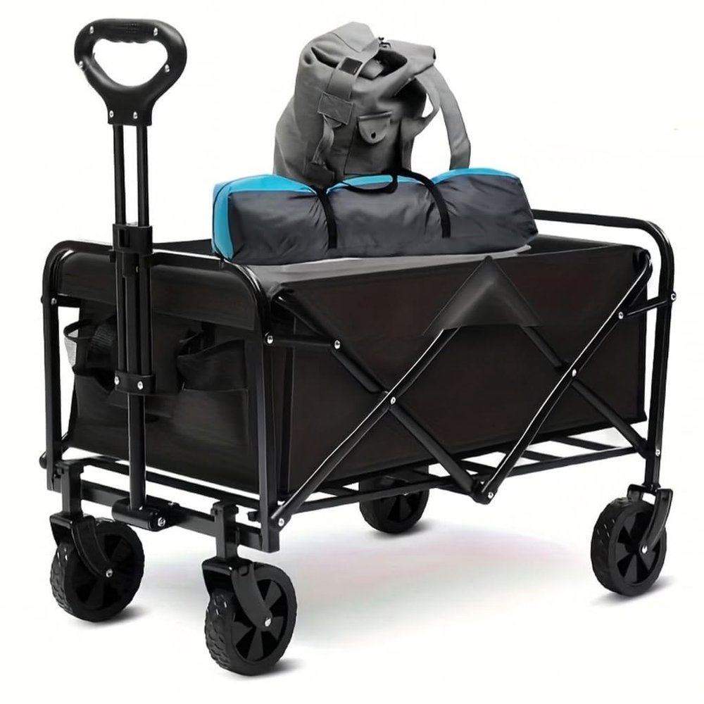 Folding Utility Wagon Cart, 680 LBS Capacity, Black, Collapsible with Wheels, Heavy Duty for Outdoor Camping Beach