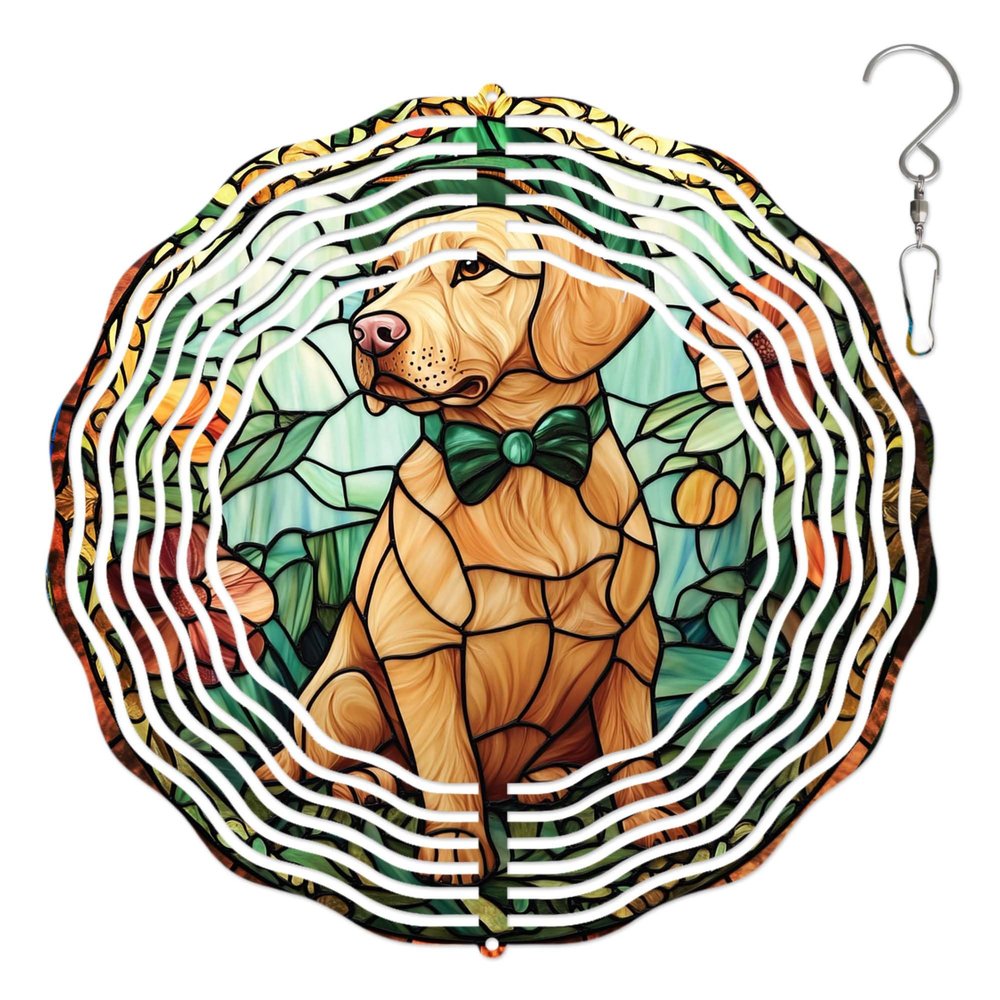 10-Inch Metal Wind Spinner Yellow Labrador with Bow Tie 3D Dog Wind Spinner, Unique Metal Hanging Kinetic Wind Sculpture Ornament Gifts for Women Yard Art Garden Patio Lawn Indoor Outdoor Decor