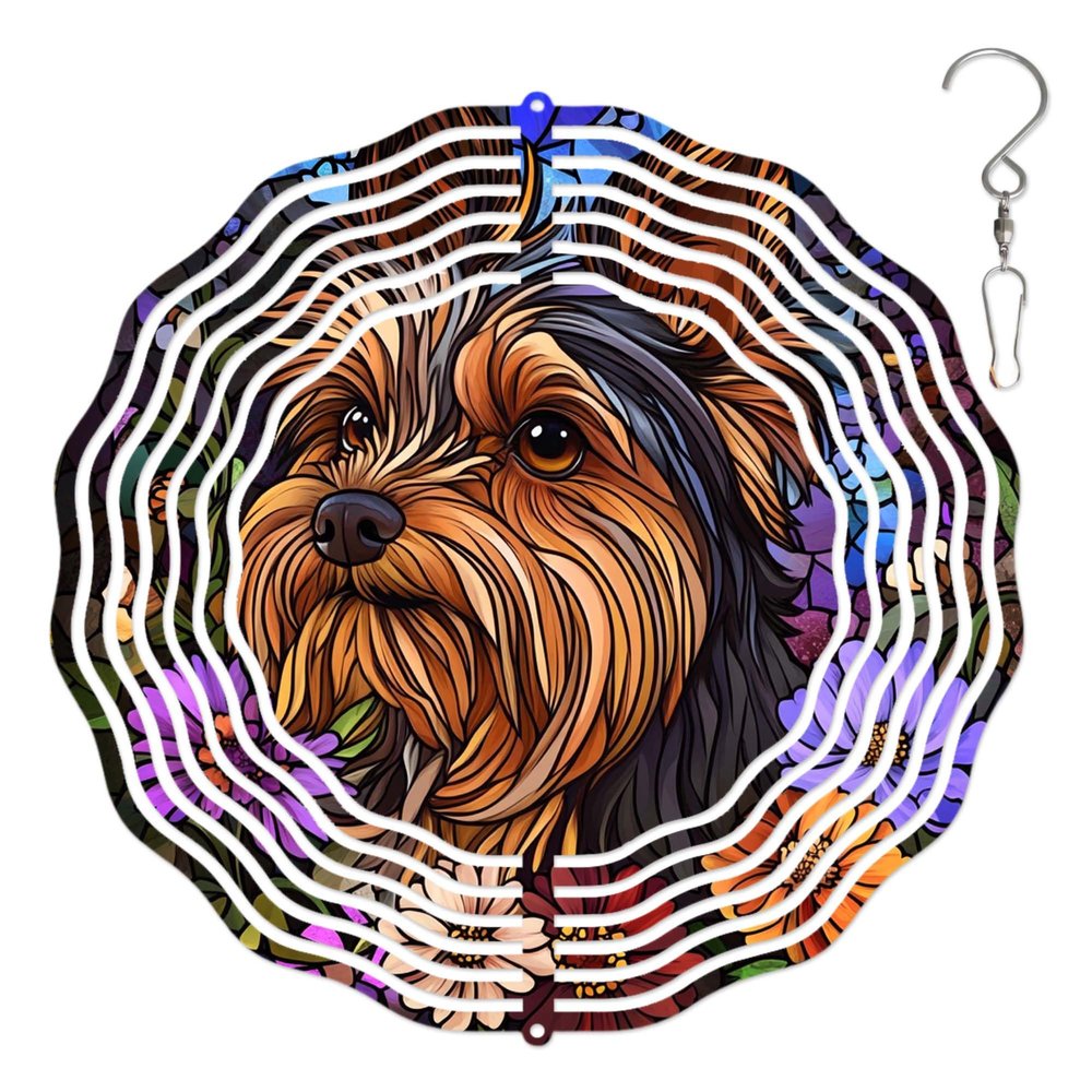 10-Inch Metal Wind Spinner Yorkshire Terrier amid Flowers 3D Dog Wind Spinner, Unique Metal Hanging Kinetic Wind Sculpture Ornament Gifts for Women Yard Art Garden Patio Lawn Indoor Outdoor Decor