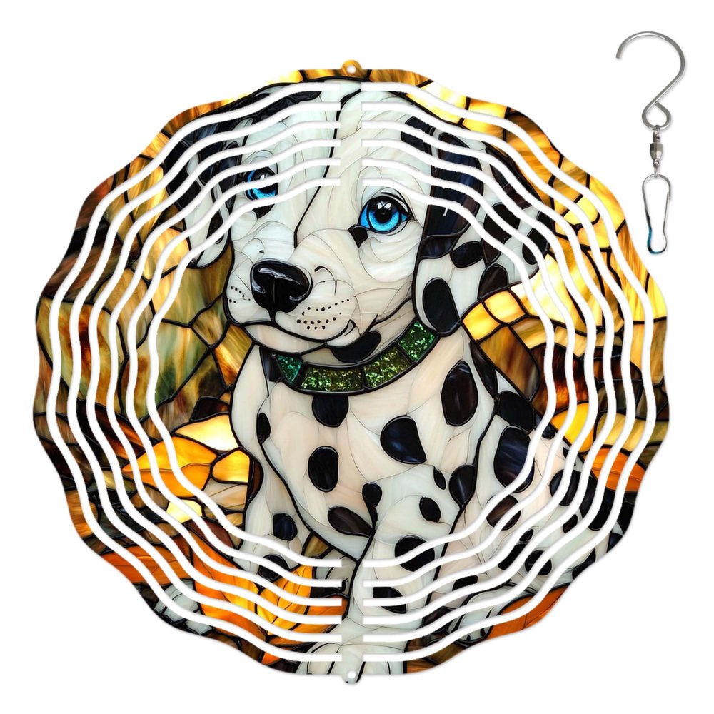 10-Inch Metal Wind Spinner Dalmatian Puppy with Blue Eyes 3D Dog Wind Spinner, Unique Metal Hanging Kinetic Wind Sculpture Ornament Gifts for Dog Lover Garden Patio Lawn Indoor Outdoor Decor