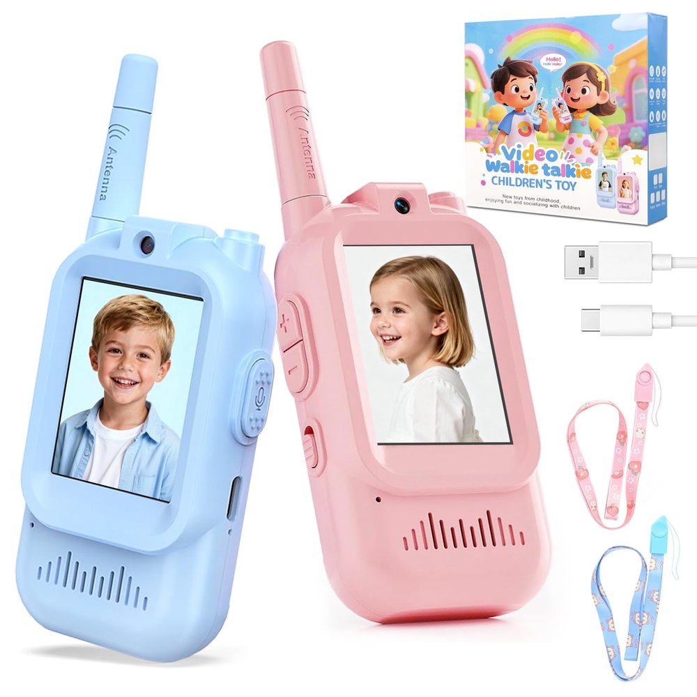 Video Walkie Talkies for Kids, 2 Pack Rechargeable Kids Walkie Talkies with HD Camera, Real-Time Video Chat, Voice Changer, 1000FT Range, Outdoor Toys for Boys Girls Ages 3-12(Baby Blue/Baby Pink)
