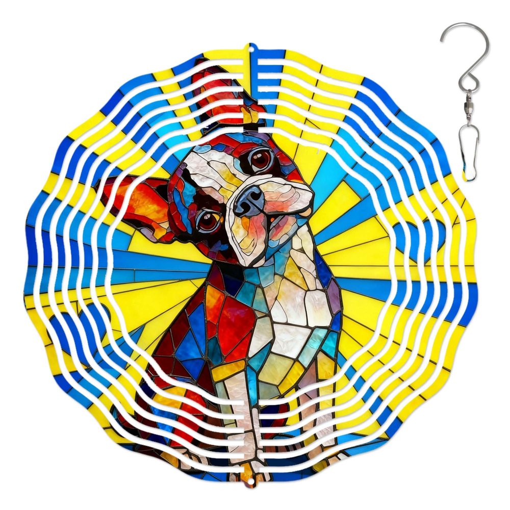 10-Inch Metal Wind Spinner Boston Terrier 3D Dog Wind Spinner, Unique Metal Hanging Kinetic Wind Sculpture Ornament Gifts for Dog Lover Yard Art Garden Patio Lawn Indoor Outdoor Decor