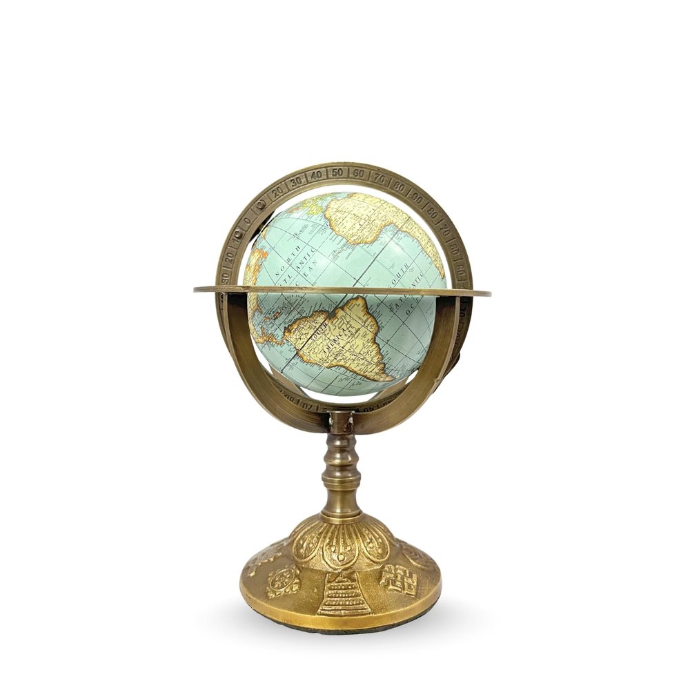 Brass Armillary Sphere Globe with Celestial Engravings and Floral Base Rotating Decorative Astronomical Piece.