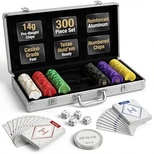 HEITOK Clay Poker Chips Set 300 PCS with Denominations, 14g Clay Composite Professional Casino Poker Chips with Aluminum Case for Texas Hold'em, Blackjack, Home Casino & Poker Night