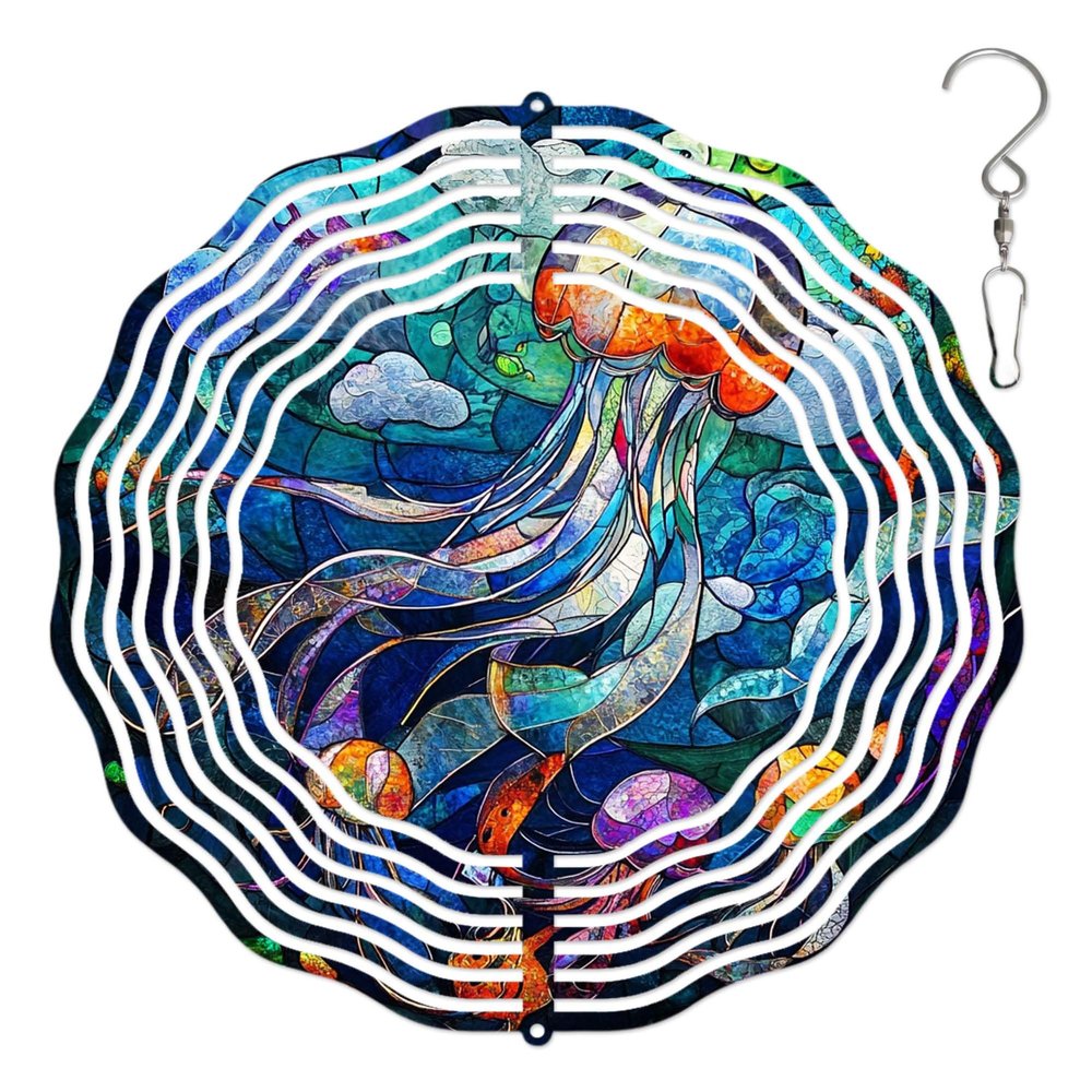 10-Inch Metal Wind Spinner Jellyfish 3D Marine Life Wind Spinner, Unique Metal Hanging Kinetic Wind Sculpture Ornament Gifts for Women Yard Art Garden Patio Lawn Indoor Outdoor Decor