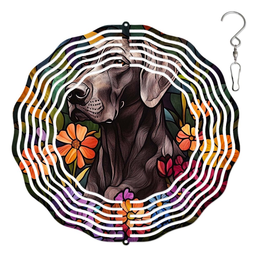 10-Inch Metal Wind Spinner Weimaraner with Flowers 3D Dog Wind Spinner, Unique Metal Hanging Kinetic Wind Sculpture Ornament Gifts for Women Yard Art Garden Patio Lawn Indoor Outdoor Decor