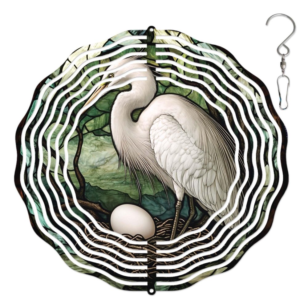 10-Inch Metal Wind Spinner White Heron and Its Egg 3D Bird Wind Spinner, Unique Metal Hanging Kinetic Wind Sculpture Ornament Gifts for Women Yard Art Garden Patio Lawn Indoor Outdoor Decor