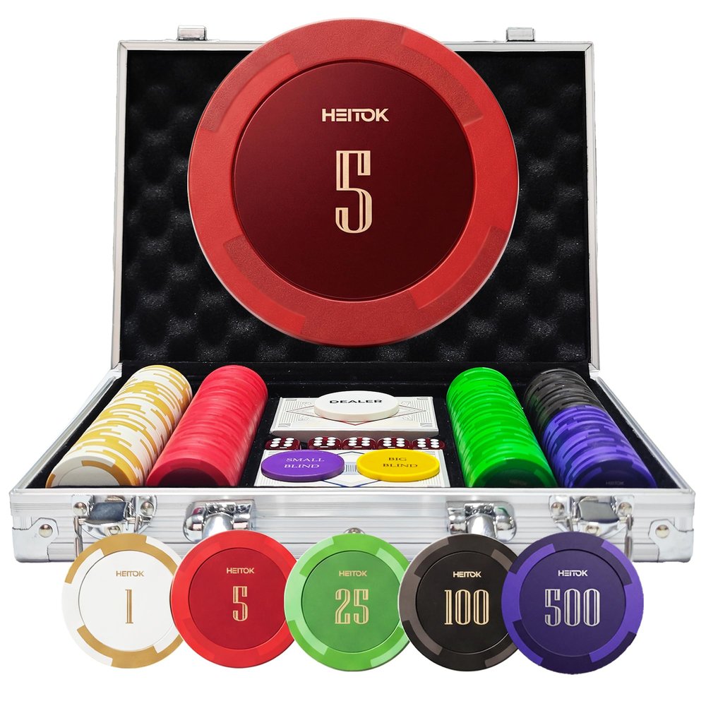 HEITOK Clay Poker Chips Set 200 PCS with Denominations, 14g Clay Composite Weighted Numbered Casino Chips with Aluminum Carrying Case for Texas Hold'em, Blackjack, Family Gambling & Game Nights