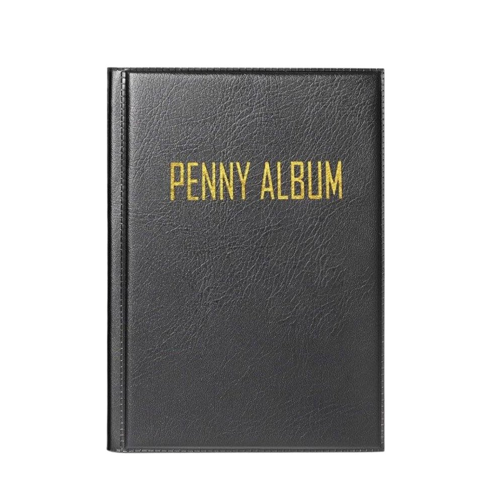 Penny Album Coin Holder Book, Penny Book, Pressed Penny Holder Hold 108 Coin, Black Leather with Gold Embossed Text, 108 Pockets for Pressed Penny Storage, 10.7x15.5cm Travel Souvenir Organizer