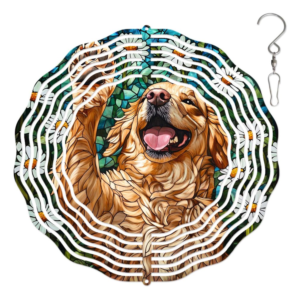 10-Inch Metal Wind Spinner Golden Retriever with Daisies 3D Dog Wind Spinner, Unique Metal Hanging Kinetic Wind Sculpture Ornament Gifts for Women Yard Art Garden Patio Lawn Indoor Outdoor Decor