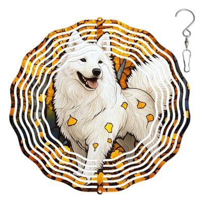 10-Inch Metal Wind Spinner Samoyed on Golden Leaves 3D Dog Wind Spinner, Unique Metal Hanging Kinetic Wind Sculpture Ornament Gifts for Women Yard Art Garden Patio Lawn Indoor Outdoor Decor