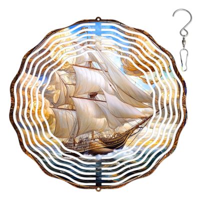 10-Inch Metal Wind Spinner Sailing Ship Under Golden Clouds 3D Wind Spinner, Unique Metal Hanging Kinetic Wind Sculpture Ornament Gifts for Women Yard Art Garden Patio Lawn Indoor Outdoor Decor