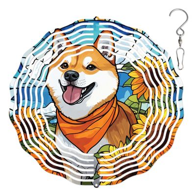 10-Inch Metal Wind Spinner Shiba Inu with Sunflowers 3D Dog Wind Spinner, Unique Metal Hanging Kinetic Wind Sculpture Ornament Gifts for Women Yard Art Garden Patio Lawn Indoor Outdoor Decor
