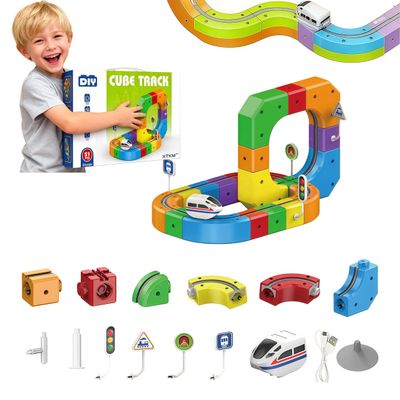 51PCS 3D Building Cube Track  Magical Track Train USB Rechargeable, DIY Race Car Track Building Kits with Signs,Rail Cube Magnetic Monorail, STEM Educational Toy for Ages 4-8 Boys Girls(1 Train)