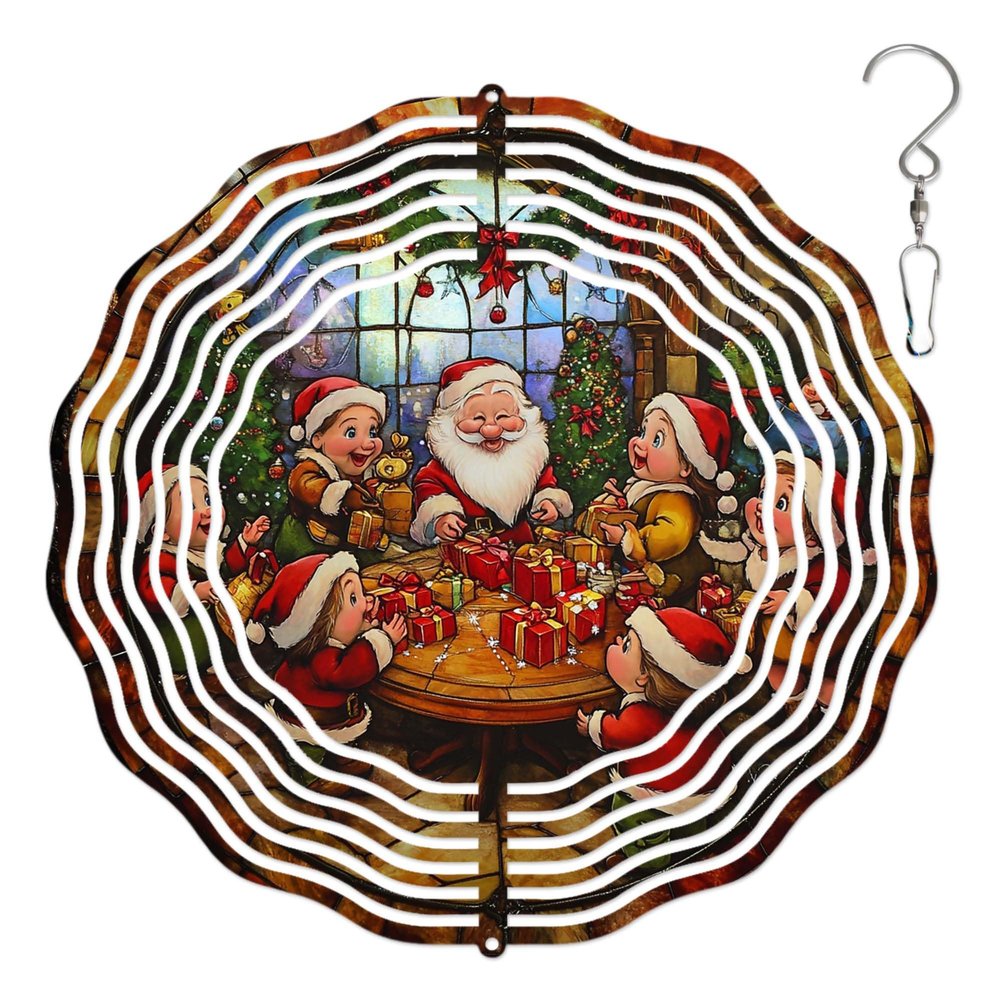 10-Inch Metal Wind Spinner Santa Claus and Elves 3D Wind Spinner, Unique Metal Hanging Kinetic Wind Sculpture Ornament Gifts for Women Yard Art Garden Patio Lawn Indoor Outdoor Decor