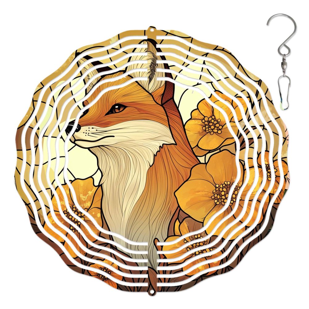 10-Inch Metal Wind Spinner Red Fox with Golden Flowers 3D Wind Spinner, Unique Metal Hanging Kinetic Wind Sculpture Ornament Gifts for Women Yard Art Garden Patio Lawn Indoor Outdoor Decor (1)