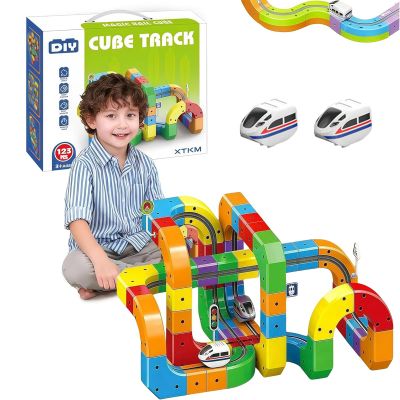 123PCS 3D Building Cube Track  Magical Track Train USB Rechargeable, DIY Race Car Track Building Kits with Signs,Rail Cube Magnetic Monorail, STEM Educational Toy for Ages 4-8 Boys Girls(2 Train)