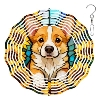 10-Inch Metal Wind Spinner Corgi Puppy with Sunflowers 3D Dog Wind Spinner, Unique Metal Hanging Kinetic Wind Sculpture Ornament Gifts for Women Yard Art Garden Patio Lawn Indoor Outdoor Decor