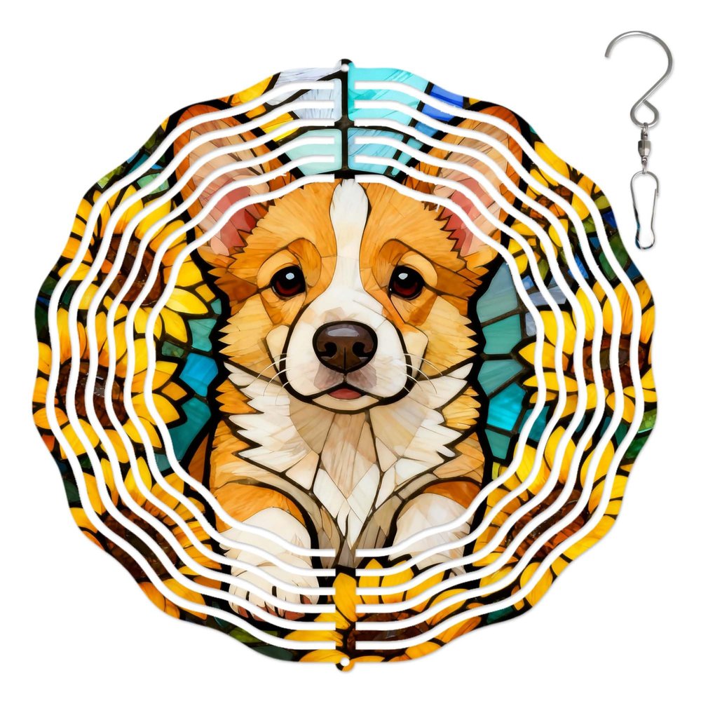 10-Inch Metal Wind Spinner Corgi Puppy with Sunflowers 3D Dog Wind Spinner, Unique Metal Hanging Kinetic Wind Sculpture Ornament Gifts for Women Yard Art Garden Patio Lawn Indoor Outdoor Decor