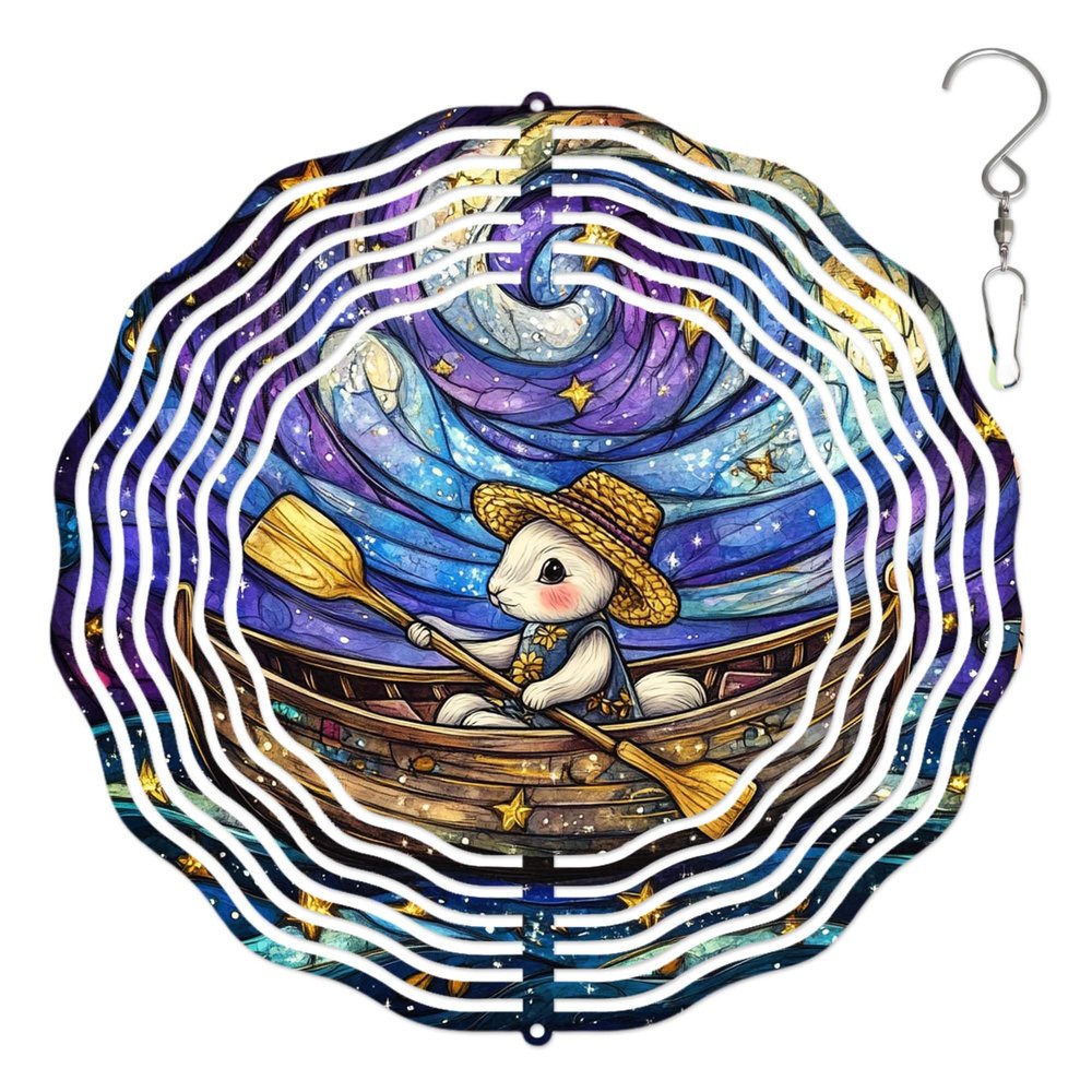 10-Inch Metal Wind Spinner White Rabbit in Starry Galaxy 3D Wind Spinner, Unique Metal Hanging Kinetic Wind Sculpture Ornament Gifts for Women Yard Art Garden Patio Lawn Indoor Outdoor Decor
